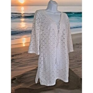 Kona Sol Swim Cover Up M White Crochet Tasseled Lace Up V-Neck Boho Beach Breezy